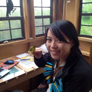 Vinci holding a Wilson's Warbler at the Iona Island Bird Observatory
